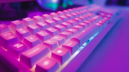 Obraz premium Close-up of a white keyboard with pink and blue lighting.