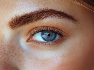 Obraz premium Close-up of a captivating blue eye with natural makeup, showcasing beautiful eyelashes and fine details of the iris.