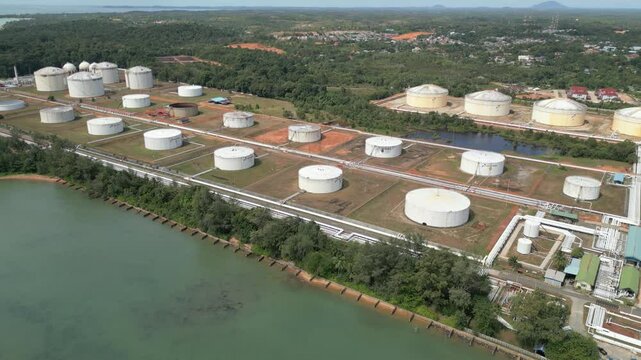 Aerial view of Tanjung Uban oil refinery storage depot tanks