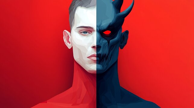 A man's face is split in two, one half human and the other half a devil. This digital illustration highlights the duality of human nature.