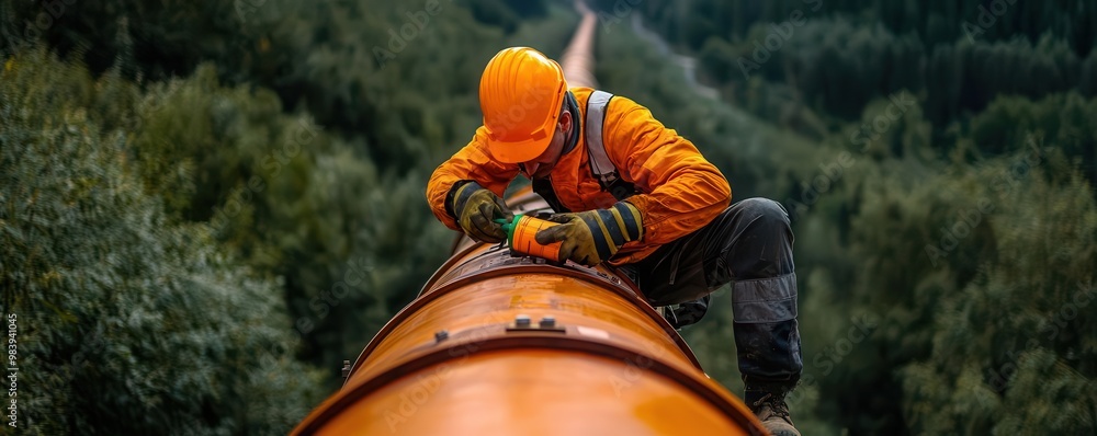 Poster a technician testing the integrity of a hydrogen pipeline using advanced sensors to detect leaks and