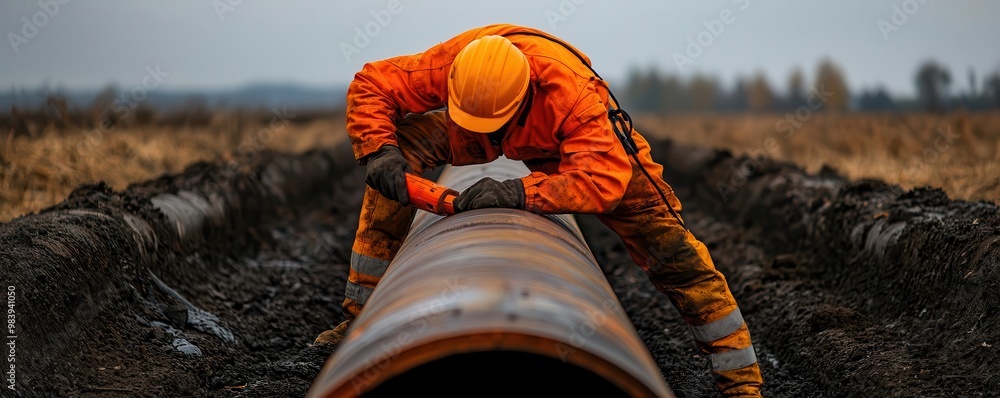 Poster a technician testing the integrity of a hydrogen pipeline using advanced sensors to detect leaks and