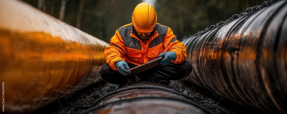 Poster a technician testing the integrity of a hydrogen pipeline using advanced sensors to detect leaks and