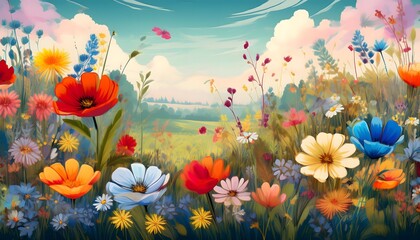 Pattern Colorful wildflowers blooming in serene meadow