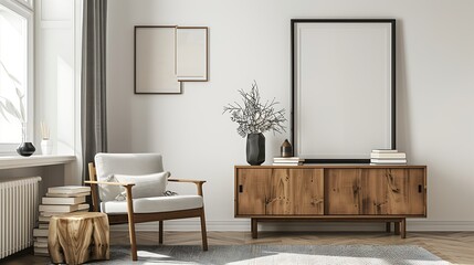 Stylish Scandinavian living room composition with a design armchair, black mock-up poster frame, commode, wooden stool, books, and elegant decorations, captured in high detail