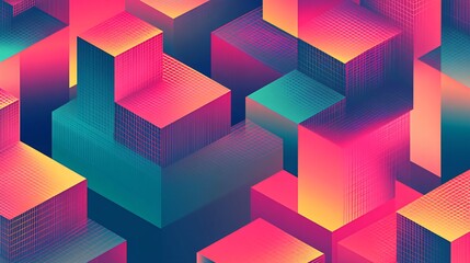 Abstract geometric background with red, pink, and turquoise cubes in an isometric perspective, featuring a subtle gradient and patterned texture.