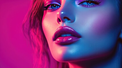 Fototapeta premium Close-up of a Woman's Face with Vibrant Blue and Pink Lighting