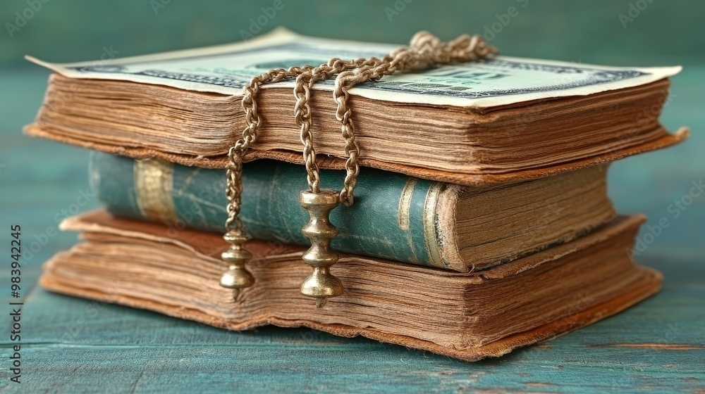 Poster a stacked collection of vintage books with a decorative chain resting on top, symbolizing knowledge 