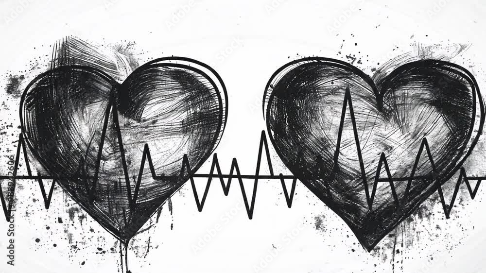 Poster the artwork features two stylized hearts linked by a heartbeat line, expressing themes of love and c