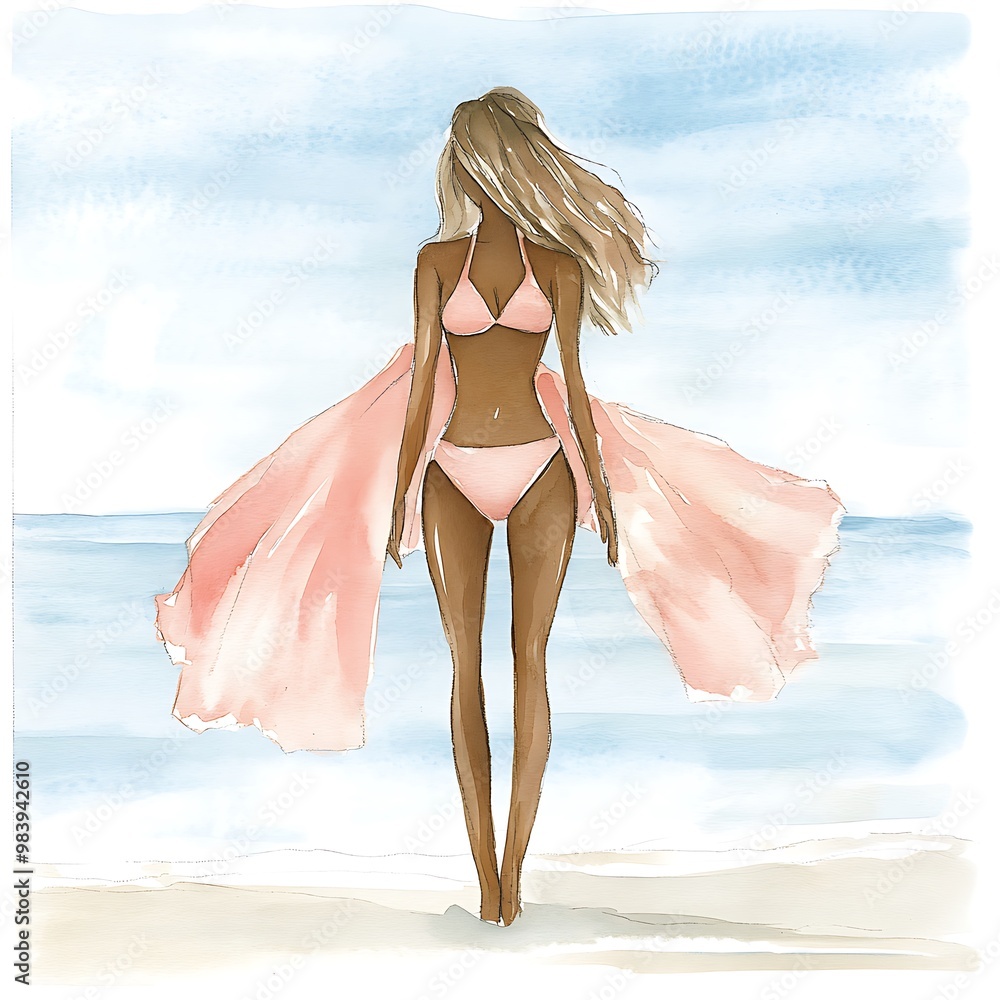 Canvas Prints Watercolor Illustration of a Woman in a Bikini on the Beach.