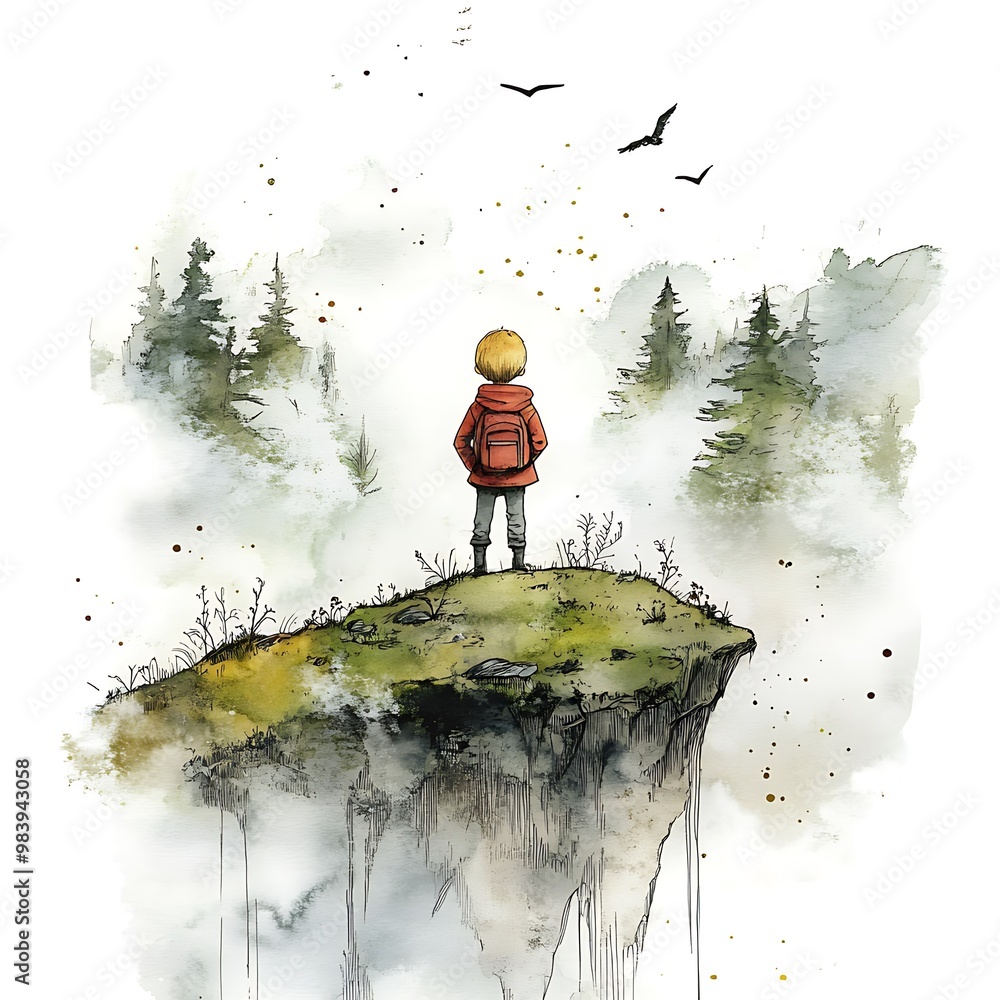 Poster Young boy standing on a cliff edge overlooking a misty forest.