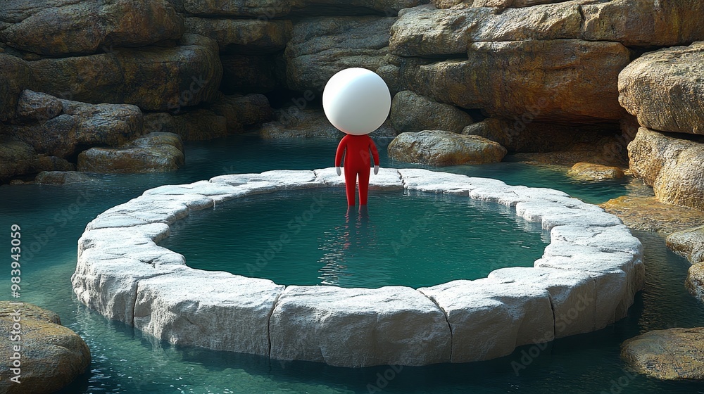 Poster a surreal scene featuring a minimalistic figure with a spherical head, standing in a tranquil water 