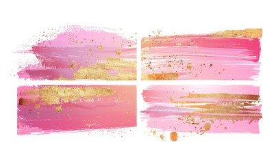 Obraz premium Pink and golden painted grunge stains and lines set, abstract rectangular banners