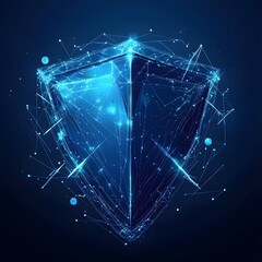 Obraz premium Medical security health shield translucent low poly triangle futuristic glowing surrounded by arrows. On dark blue background. Immunity protection medical innovation concept.