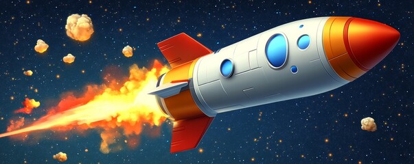 A vibrant cartoon rocket blasting off into space, leaving fiery trails behind it, symbolizing adventure and exploration.