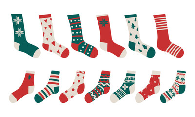 Flat design colorful socks set vector illustration. Christmas winter socks set red, white and red color for winter and Christmas design .