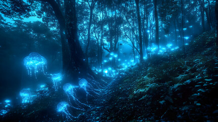A bioluminescent forest where the trees have glowing vines that float upward like jellyfish, lighting up the misty air.