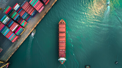 top view of Shipping Containers at the ports and cargo ship.
