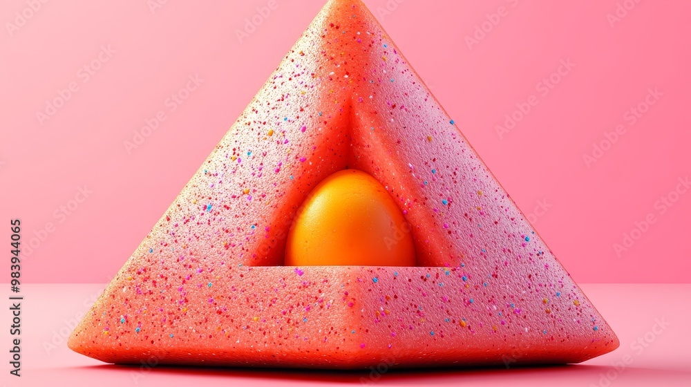 Poster a vibrant pink triangular shape with a bright orange sphere nestled inside, creating a playful and m