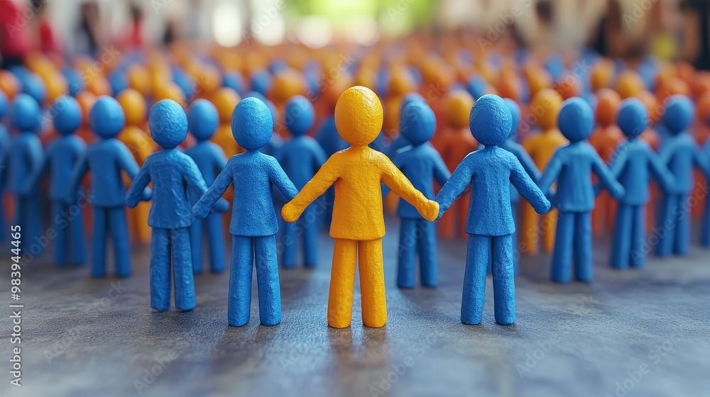 Poster a vibrant scene featuring colorful figurines representing unity and diversity in community gathering