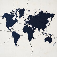A map of the world with cracks forming between countries, symbolizing broken trade relations, divided trade routes, global conflict