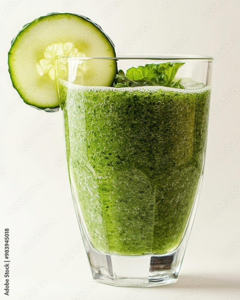 Poster a refreshing green smoothie in a glass, garnished with a cucumber slice.