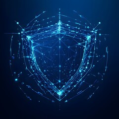 Obraz premium Medical security health shield translucent low poly triangle futuristic glowing surrounded by arrows. On dark blue background. Immunity protection medical innovation concept.