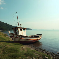 Fototapeta premium Old rusty fishing boat on the slope along the shore of the lake