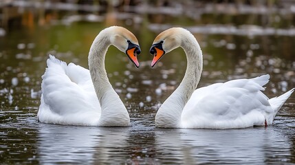 Fototapeta premium A pair of swans making a heart shape with their necks as they swim in a pond