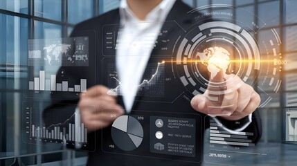 business person interacting with a digital futuristic interface featuring data analytics, charts, financial growth trends, and network connectivity symbols.