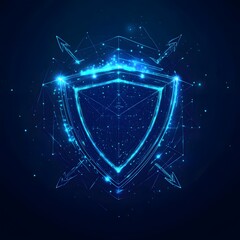 Medical security health shield translucent low poly triangle futuristic glowing surrounded by arrows. On dark blue background. Immunity protection medical innovation concept.