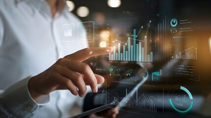 business person interacting with a digital futuristic interface featuring data analytics, charts, financial growth trends, and network connectivity symbols.