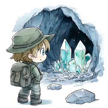 explorer boy admiring crystals in cave