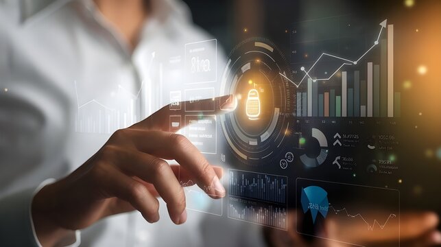 business person interacting with a digital futuristic interface featuring data analytics, charts, financial growth trends, and network connectivity symbols.