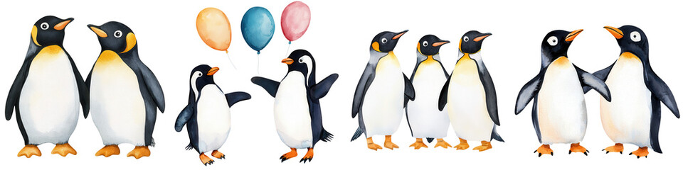Fototapeta premium Cute penguins celebrating with colorful balloons on a white isolate background.