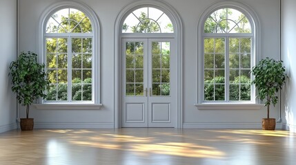 Obraz premium Bright and airy room with large windows and indoor plants, perfect for creating a serene and welcoming atmosphere.