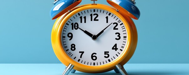 Bright orange alarm clock on a blue background, symbolizing time management and productivity for a fresh morning start.