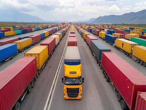 Trucks stuck at a border checkpoint due to new trade restrictions, border delay, cross-border trade obstacle