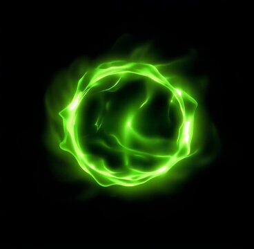 Green magic energy plasma ring of fire on black background