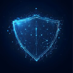 Medical security health shield translucent low poly triangle futuristic glowing surrounded by arrows. On dark blue background. Immunity protection medical innovation concept.