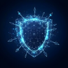 Medical security health shield translucent low poly triangle futuristic glowing surrounded by arrows. On dark blue background. Immunity protection medical innovation concept.