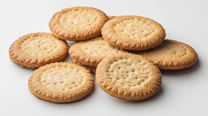 A bunch of round cookies on a plain white background.