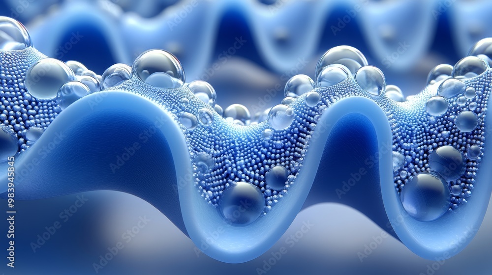 Aufkleber close-up of a vibrant blue wave texture adorned with bubbles, creating a soothing and dynamic visual