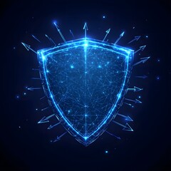 Medical security health shield translucent low poly triangle futuristic glowing surrounded by arrows. On dark blue background. Immunity protection medical innovation concept.
