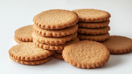 A bunch of round cookies on a plain white background.