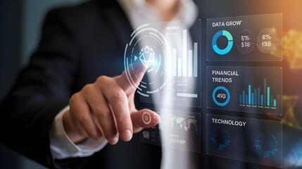 business person interacting with a digital futuristic interface featuring data analytics, charts, financial growth trends, and network connectivity symbols.