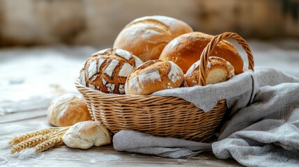 Freshly baked artisan bread in wicker basket on rustic wooden table with wheat stalks