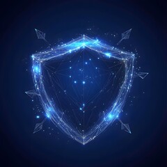 Medical security health shield translucent low poly triangle futuristic glowing surrounded by arrows. On dark blue background. Immunity protection medical innovation concept.