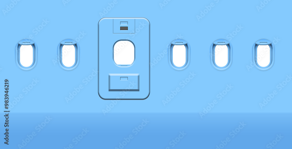 Sticker Airplane windows and door, view from inside cabin with light blue sidewall