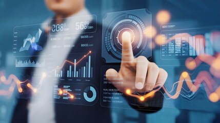 business person interacting with a digital futuristic interface featuring data analytics, charts, financial growth trends, and network connectivity symbols.